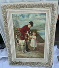 Item01- Large Signed Original Oil Painting – Hunting Dogs & Child – Ornate Heavy Frame