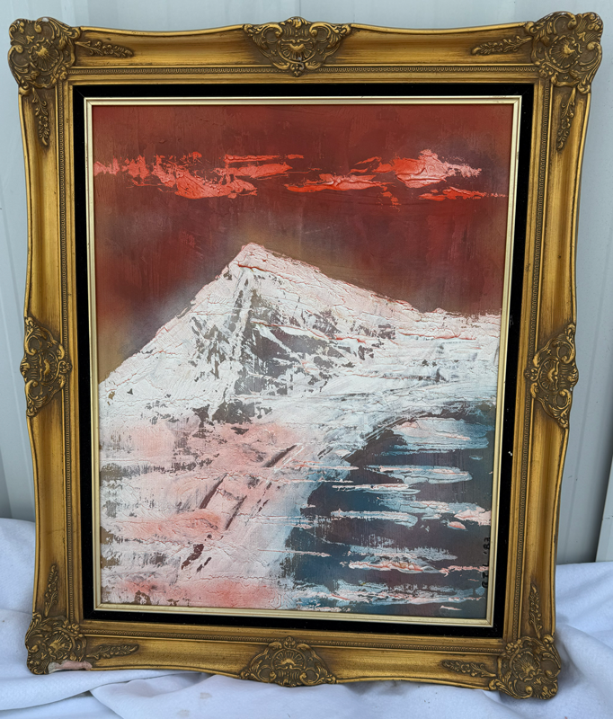 Item07- Vintage Signed Original Abstract Mountain Painting – 24x30 – Ornate Gold Frame