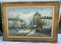 Item12- Vintage Signed Paris Street Scene Oil Painting – 24x36 – Ornate Gold Frame
