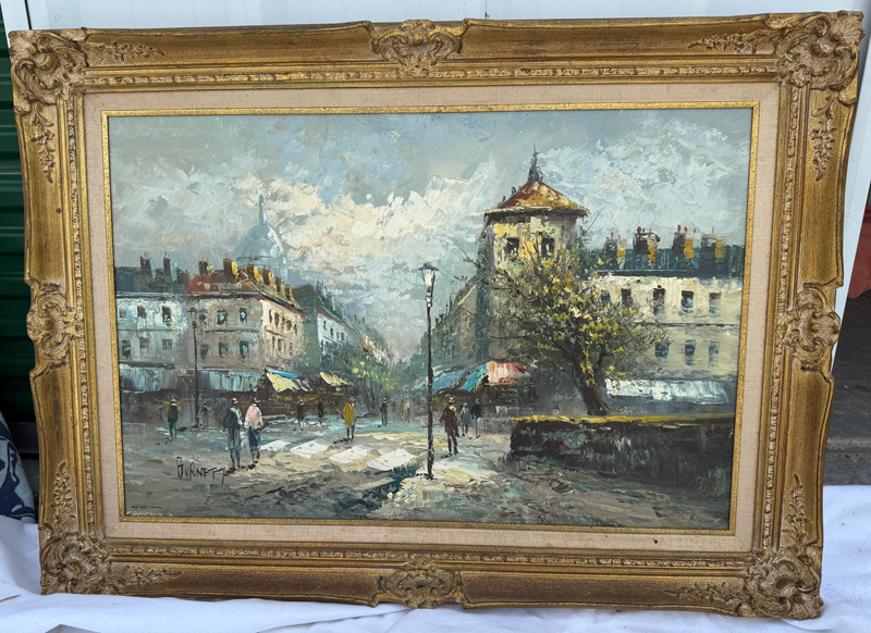 Item12- Vintage Signed Paris Street Scene Oil Painting – 24x36 – Ornate Gold Frame