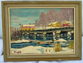 Item05- Vintage Signed 1953 Winter Landscape Oil Painting – Bridge & Farm Scene