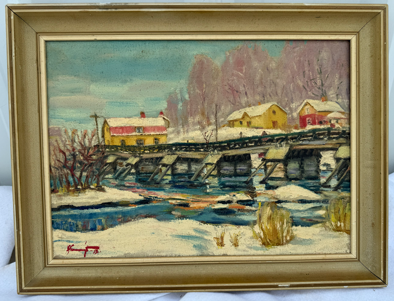 Item05- Vintage Signed 1953 Winter Landscape Oil Painting – Bridge & Farm Scene