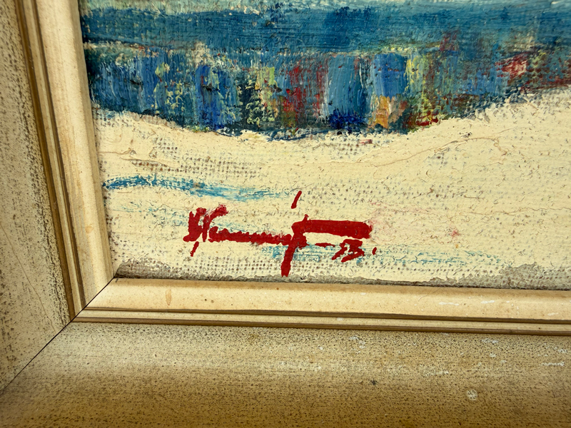 Item05- Vintage Signed 1953 Winter Landscape Oil Painting – Bridge & Farm Scene