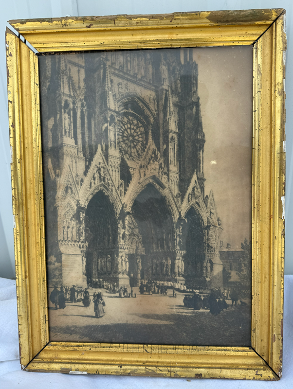 Item17- Vintage Framed Gothic Cathedral Photograph – Sepia European Street Scene