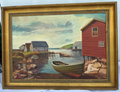 Item04- Vintage Signed Harbor Oil Painting – Boats & Red Fishing Building – Gold Frame