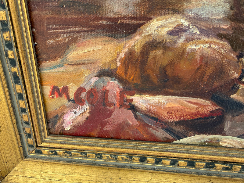 Item04- Vintage Signed Harbor Oil Painting – Boats & Red Fishing Building – Gold Frame