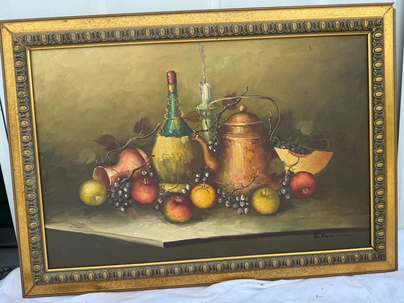 Item10- Signed Original Still Life Oil Painting – Copper Pot, Wine & Fruit