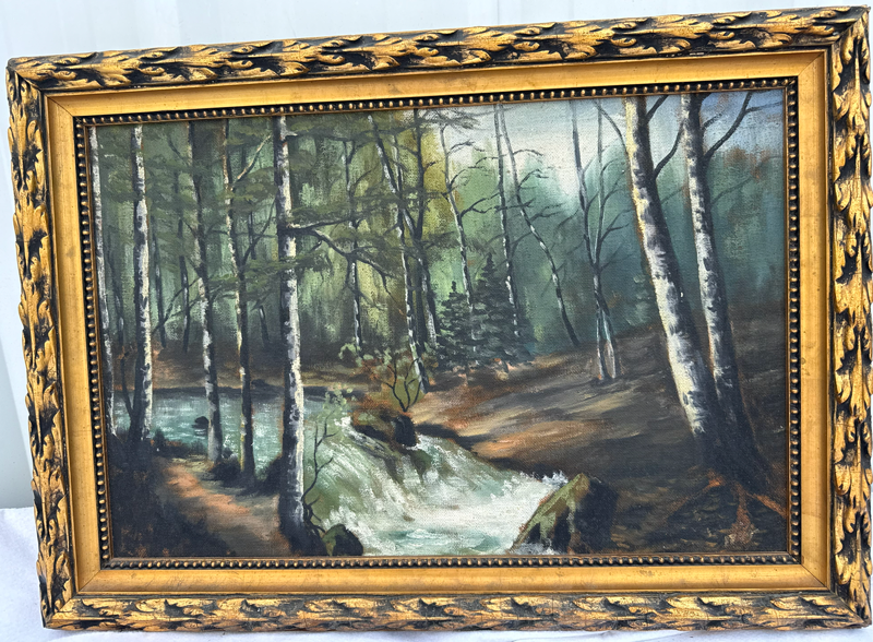 Item08- Vintage Original Forest & Waterfall Oil Painting – Ornate Gold Frame