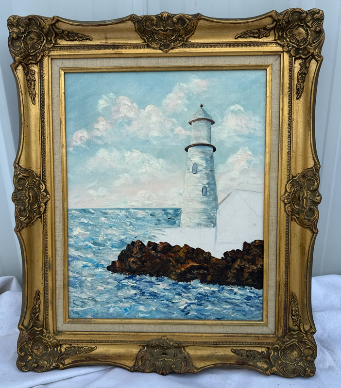Item14- Original Lighthouse Seascape Oil Painting – Ornate Gold Frame – 16x20