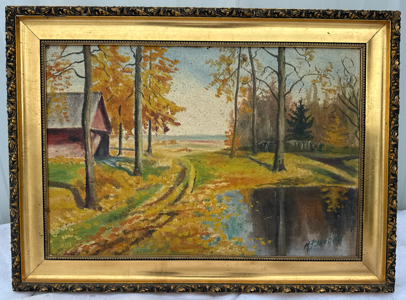 Item06- Vintage Signed Autumn Landscape Painting – Gold Frame – 15.5x22.5